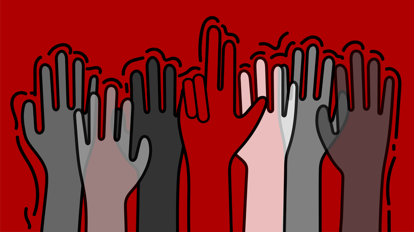 Illustration depicting the UofL community, hands raised in support and solidarity, including one with the L-sign
