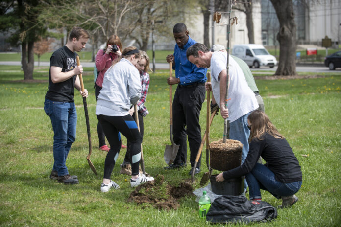 Students planting trees on Arbor Day