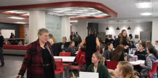 President Schatzel visits with students at the UofL School of Nursing.