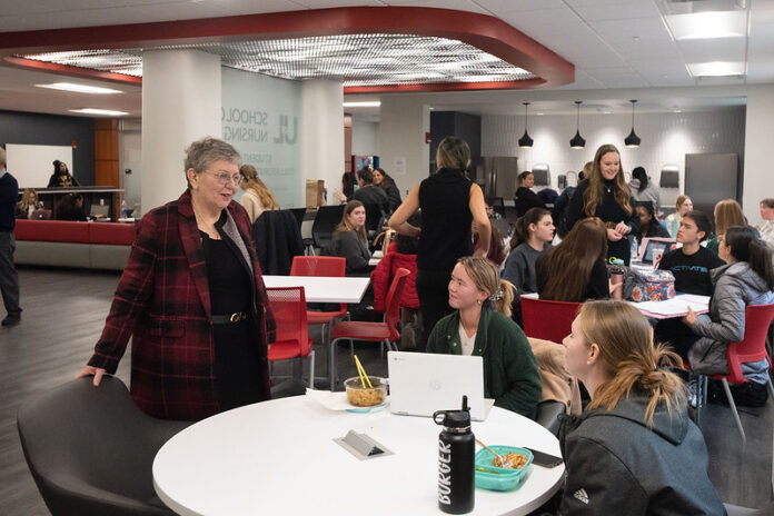 President Schatzel visits with students at the UofL School of Nursing.