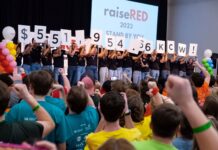 raiseRED participants holding up numbers to reveal the total raised, $551,954.66.