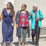 In 2022, Delores Gordon Alleyne visited the UofL School of Medicine with her daughters, Valerie Alleyne Udeozor, left and Dr. Rebecca Alleyne and met with Dean Toni Ganzel, faculty, staff and medical students.