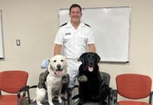 John Bowling with military therapy dogs while on rotation at Walter Reed Medical Center in Bethesda, Maryland. (Photo courtesy John Bowling)