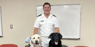 John Bowling with military therapy dogs while on rotation at Walter Reed Medical Center in Bethesda, Maryland. (Photo courtesy John Bowling)