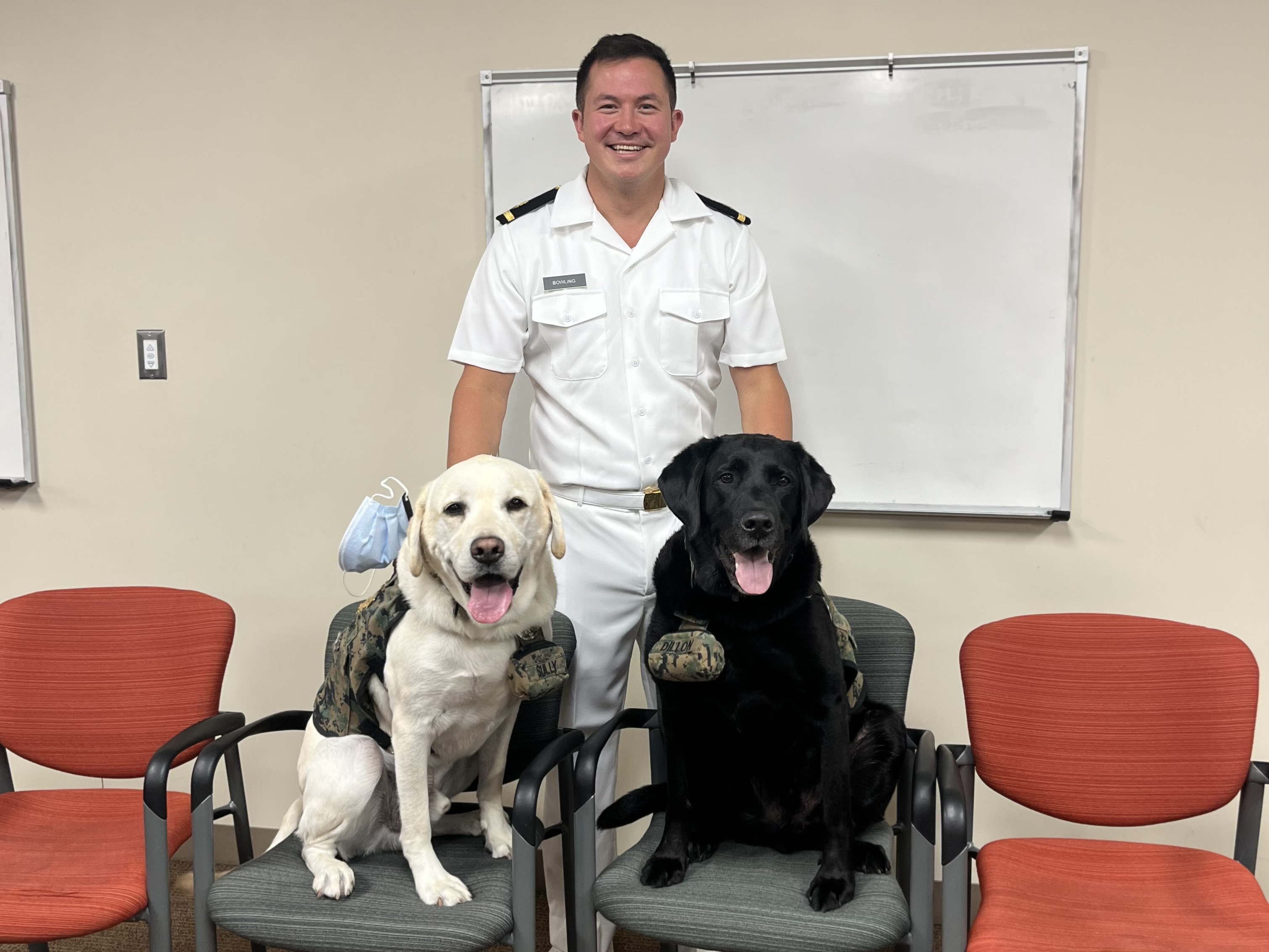 John Bowling with military therapy dogs while on rotation at Walter Reed Medical Center in Bethesda, Maryland. (Photo courtesy John Bowling)
