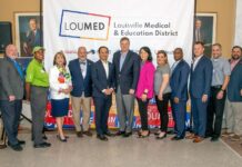 Representatives of LOUMED partners UofL Health Sciences Center, UofL Health, Norton Healthcare and JCTC, along with Louisville Mayor Craig Greenberg announced new ambassador program