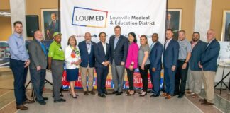 Representatives of LOUMED partners UofL Health Sciences Center, UofL Health, Norton Healthcare and JCTC, along with Louisville Mayor Craig Greenberg announced new ambassador program