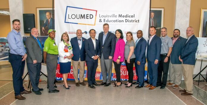 Representatives of LOUMED partners UofL Health Sciences Center, UofL Health, Norton Healthcare and JCTC, along with Louisville Mayor Craig Greenberg announced new ambassador program