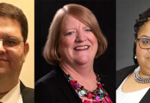 The University of Louisville 2023-24 Staff Senate officers are, from left, Kevin Ledford, Kari Donahue and Carcyle D. Barrett.