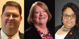 The University of Louisville 2023-24 Staff Senate officers are, from left, Kevin Ledford, Kari Donahue and Carcyle D. Barrett.