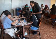 High school students working with mentor