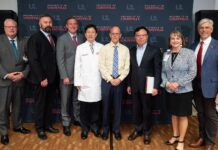 UofL researchers announced $6.1 million funding to expand understanding of immune dysregulation. Left to right: Jeffrey Bumpous, Jason Smith, Sean Clifford, Jiapeng Huang, Kenneth McLeish, Jun Yan, Toni Ganzel and Kevin Gardner