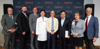 UofL researchers announced $6.1 million funding to expand understanding of immune dysregulation. Left to right: Jeffrey Bumpous, Jason Smith, Sean Clifford, Jiapeng Huang, Kenneth McLeish, Jun Yan, Toni Ganzel and Kevin Gardner