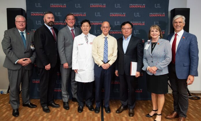 UofL researchers announced $6.1 million funding to expand understanding of immune dysregulation. Left to right: Jeffrey Bumpous, Jason Smith, Sean Clifford, Jiapeng Huang, Kenneth McLeish, Jun Yan, Toni Ganzel and Kevin Gardner