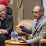 Kathy Gosser, YUM! assistant professor of franchise management practice, interviews alumnus and Focus Brands CEO Jim Holthouser during a “Focus on Franchising” event at the College of Business.