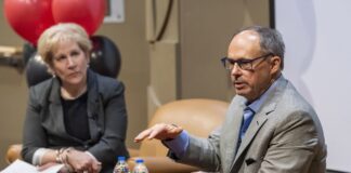 Kathy Gosser, YUM! assistant professor of franchise management practice, interviews alumnus and Focus Brands CEO Jim Holthouser during a “Focus on Franchising” event at the College of Business.