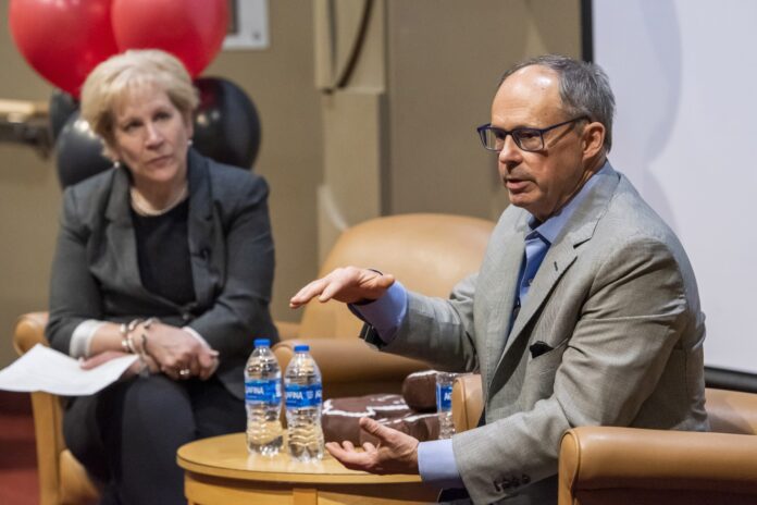 Kathy Gosser, YUM! assistant professor of franchise management practice, interviews alumnus and Focus Brands CEO Jim Holthouser during a “Focus on Franchising” event at the College of Business.