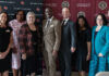 Researchers embarking on a project to understand the Universal Basic Neighborhood, UofL's Ted Smith and Lauren Anderson, Simmons College of Kentucky's Nancy Seay, UofL President Kim Schatzel, Simmons College President Kevin Cosby and Joel Goza, Shavonnie Carthens of University of Kentucky and Patricia Reeves of Simmons and Michael O. Emerson of Rice University