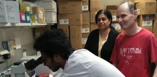 Study team members Kavitha Yaddanapudi, associate professor of surgery (center), with co-first authors Omar Sarkar, UofL graduate student, (left) and Howard Donninger, UofL assistant professor (right). UofL photo.