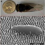 The North American annual cicada, top, with a quarter for size reference. Below, a magnified image from a small portion of the wing shows a bacterium that has been destroyed by nanopillars on the cicada’s wing.