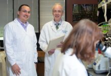 Research by Kevin Sokoloski, left, was funded through the UofL Center of Biomedical Research Excellence in Functional Microbiomics, Inflammation and Pathogenicity. Richard Lamont, center, leads the project, which has received an additional grant of nearly $12 million.