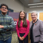 Louisville Science Pathways youth participants Zaheeb Tariq and Liz Bryant with UofL President Kim Schatzel