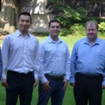 UofL researchers on the project to replicate cicada wings as an antimicrobial surface material include, left to right, Kevin Walsh, associate dean of research and facilities and professor of electrical engineering at UofL’s J.B. Speed School of Engineering, Chuang Qu, senior engineering researcher, Jesse Rozsa, graduate research assistant, Mark Running, professor of biology and Shamus McNamara, associate professor of electrical engineering. The project also included students Hyun-Jin Jung, Anna R. Williams and Emmanuel Markin, UofL’s 2022 Homecoming King.