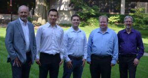 UofL researchers on the project to replicate cicada wings as an antimicrobial surface material include, left to right, Kevin Walsh, associate dean of research and facilities and professor of electrical engineering at UofL’s J.B. Speed School of Engineering, Chuang Qu, senior engineering researcher, Jesse Rozsa, graduate research assistant, Mark Running, professor of biology and Shamus McNamara, associate professor of electrical engineering. The project also included students Hyun-Jin Jung, Anna R. Williams and Emmanuel Markin, UofL’s 2022 Homecoming King.