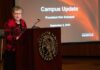 President Kim Schatzel addresses the campus community on Sept. 5 at the UofL School of Music Comstock Concert Hall.