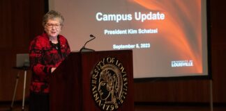 President Kim Schatzel addresses the campus community on Sept. 5 at the UofL School of Music Comstock Concert Hall.