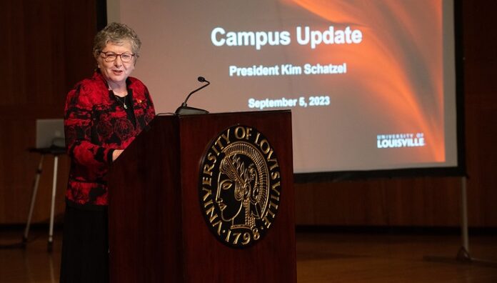 President Kim Schatzel addresses the campus community on Sept. 5 at the UofL School of Music Comstock Concert Hall.