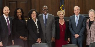 L to R, Joe Dunman, Angela Curry, Enid Trucios-Haynes, Cedric Merlin Powell, Melanie Jacobs, Frederick Lawrence and Kim Schatzel.