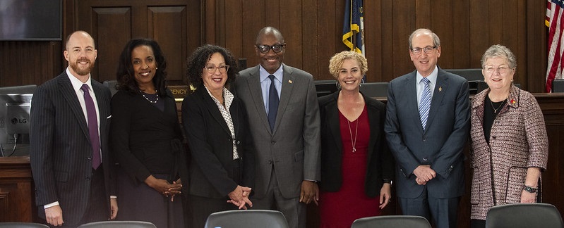 L to R, Joe Dunman, Angela Curry, Enid Trucios-Haynes, Cedric Merlin Powell, Melanie Jacobs, Frederick Lawrence and Kim Schatzel.