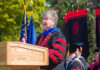 UofL’s 19th president, Dr. Kim Schatzel, at the podium during her inauguration ceremony Sept. 29.