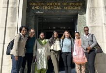 UofL medical student Zoha Mian with classmates at the London School of Hygiene and Tropical Medicine.