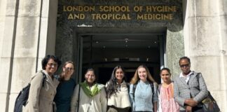 UofL medical student Zoha Mian with classmates at the London School of Hygiene and Tropical Medicine.
