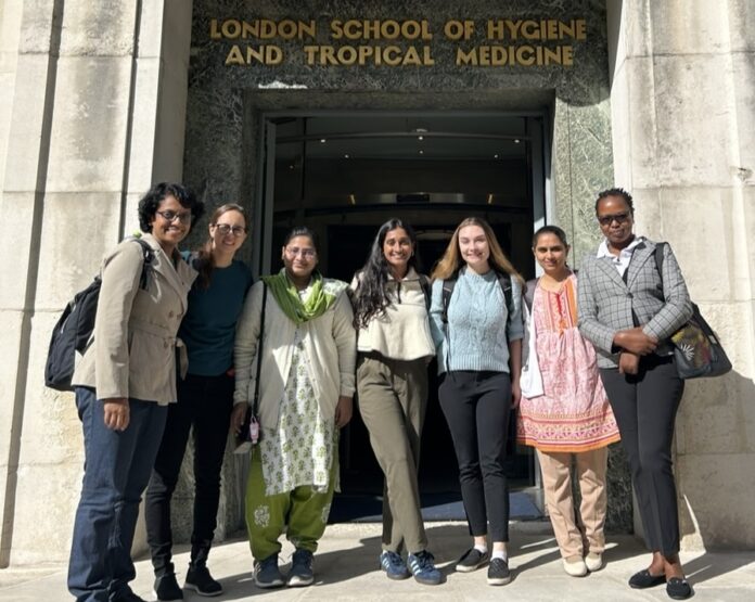 UofL medical student Zoha Mian with classmates at the London School of Hygiene and Tropical Medicine.