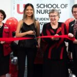 From left to right: UofL School of Nursing Interim Dean Mary DeLetter; nursing student Ellen Tinker; UofL President Kim Schatzel; The Gheens Foundation President Barry Allen