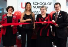 From left to right: UofL School of Nursing Interim Dean Mary DeLetter; nursing student Ellen Tinker; UofL President Kim Schatzel; The Gheens Foundation President Barry Allen