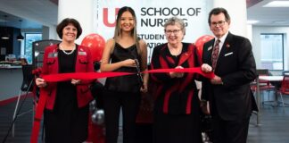 From left to right: UofL School of Nursing Interim Dean Mary DeLetter; nursing student Ellen Tinker; UofL President Kim Schatzel; The Gheens Foundation President Barry Allen