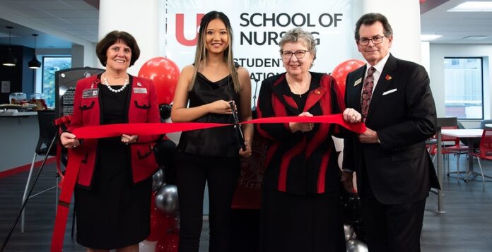 From left to right: UofL School of Nursing Interim Dean Mary DeLetter; nursing student Ellen Tinker; UofL President Kim Schatzel; The Gheens Foundation President Barry Allen