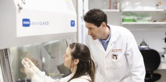 Microbiology and immunology professor Matthew Lawrenz, right, and doctoral student Katelyn Sheneman have received new research funding to better understand how bacteria can outmaneuver the immune system. UofL photo.