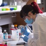 Lab worker testing Louisville wastewater samples at the University of Louisville. UofL photo.