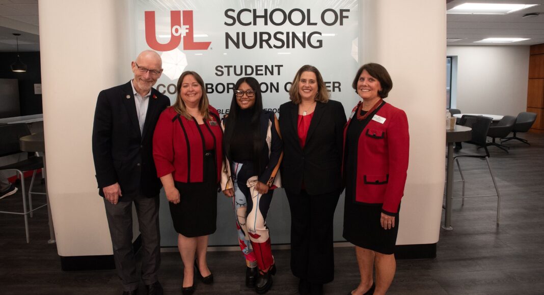 Interim Provost Gerry Bradley, HRSA grant principal investigator Heather Mitchell, scholarship recipient Quinesia James, HRSA grant principal investigator Sara Robertson, School of Nursing Interim Dean Mary DeLetter
