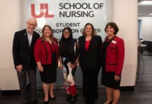 Interim Provost Gerry Bradley, HRSA grant principal investigator Heather Mitchell, scholarship recipient Quinesia James, HRSA grant principal investigator Sara Robertson, School of Nursing Interim Dean Mary DeLetter