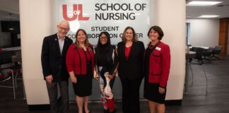 Interim Provost Gerry Bradley, HRSA grant principal investigator Heather Mitchell, scholarship recipient Quinesia James, HRSA grant principal investigator Sara Robertson, School of Nursing Interim Dean Mary DeLetter