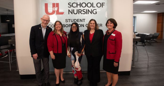 Interim Provost Gerry Bradley, HRSA grant principal investigator Heather Mitchell, scholarship recipient Quinesia James, HRSA grant principal investigator Sara Robertson, School of Nursing Interim Dean Mary DeLetter