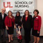 Interim Provost Gerry Bradley, HRSA grant principal investigator Heather Mitchell, scholarship recipient Quinesia James, HRSA grant principal investigator Sara Robertson, School of Nursing Interim Dean Mary DeLetter