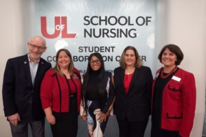 Interim Provost Gerry Bradley, HRSA grant principal investigator Heather Mitchell, scholarship recipient Quinesia James, HRSA grant principal investigator Sara Robertson, School of Nursing Interim Dean Mary DeLetter