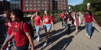 Students walking across campus.